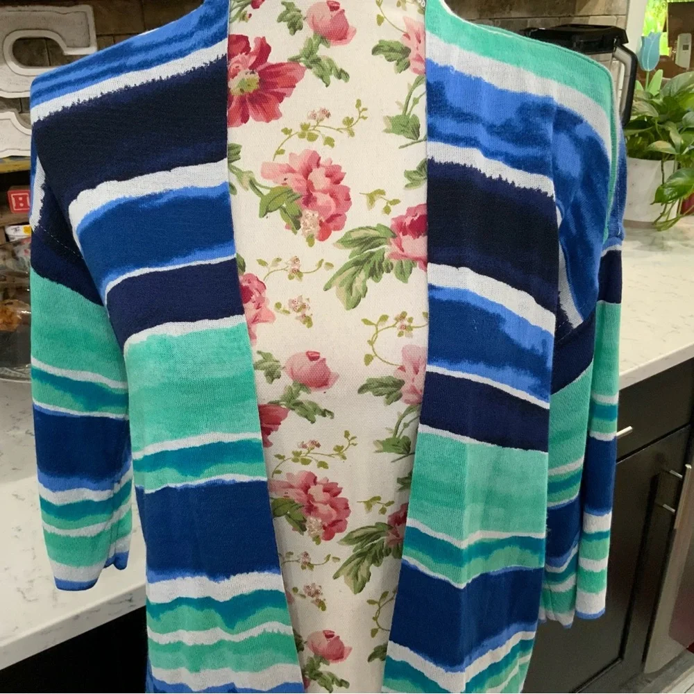 Chico's Striped Open-Front Cardigan in Blue, Teal, Navy